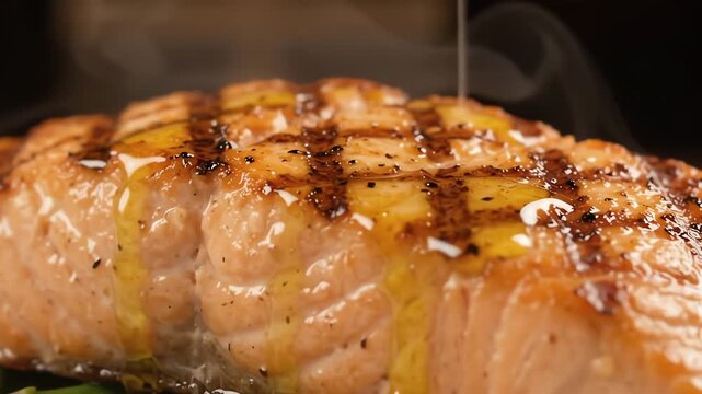 Freshly grilled salmon fillet with drizzling butter and steam rising from the hot surface.