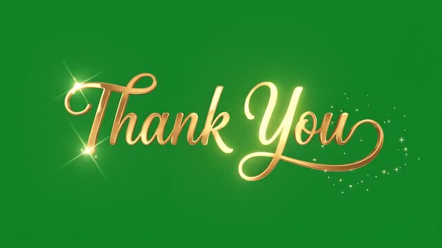 Elegant gold cursive thank you text on a solid green background with sparkles.