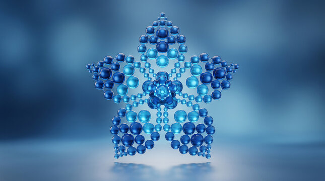 Abstract floral pattern made of glossy blue spheres arranged in a symmetrical star shape on a soft blurred background