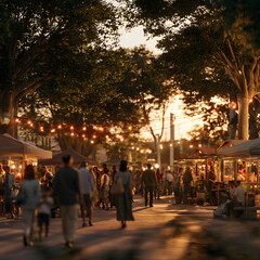 Fototapeta premium Vibrant Evening Market Scene with People, Stalls, and Warm Lights Under a Twilight Sky