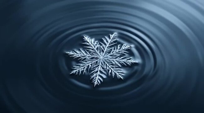 Macro Snowflake on Rippling Water Surface, Delicate Ice Crystal Formation, Winter Cold Season Abstract