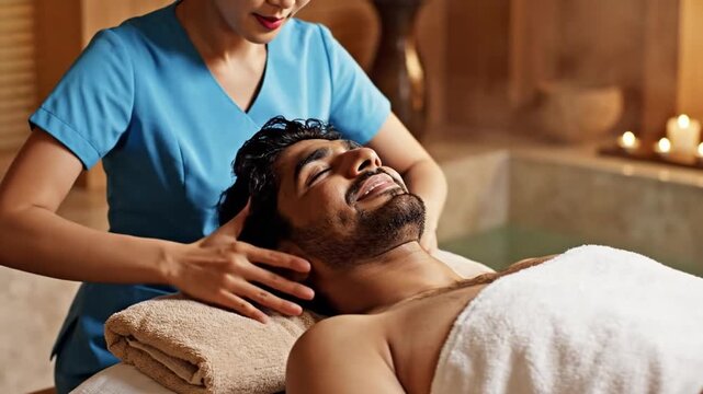 Spa therapist massages mans face and shoulders while he lies on towel covered table. Warm candlelight and soft stone surroundings create calm wellness atmosphere during facial treatment.