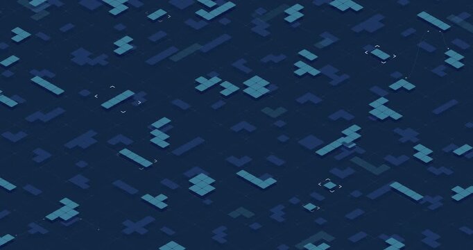Animated isometric blue and teal blocks connect across a dark dotted grid with moving white paths.