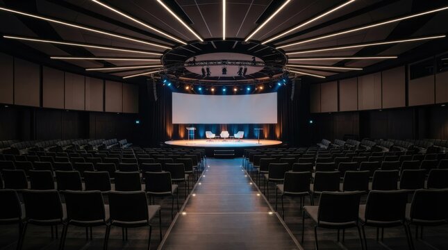 Contemporary auditorium conference hall with circular lighting and stage seating arrangement.