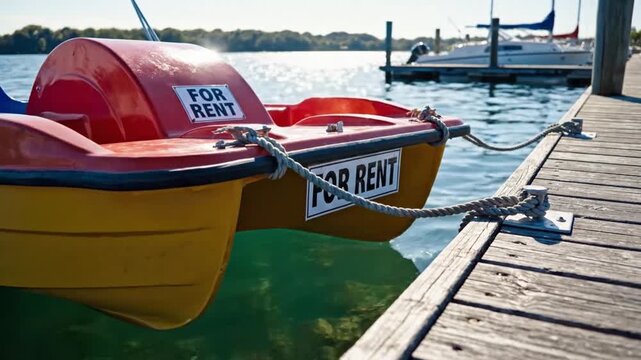 Boat rental boats rest beside dock, tied with ropes and marked for rent. Sunlight glints on calm water while sailboat waits beyond, suggesting ready access to leisure craft at marina.