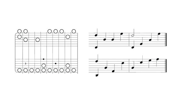 Musical sheet layout showing flute fingering diagrams and music notes on standard five-line staff notation.