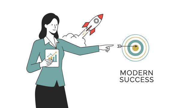 Confident businesswoman points toward a target bulls-eye as a rocket launches to represent rapid business growth and modern success.
