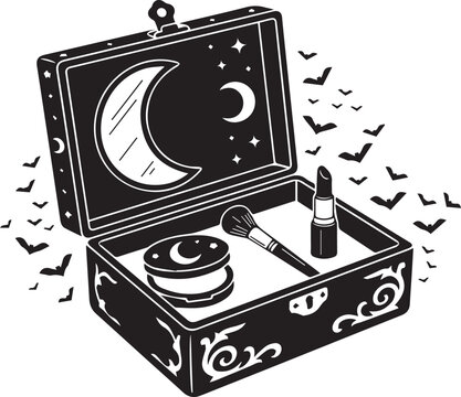 Open vintage makeup box with moon mirror lipstick brush and flying bats for gothic beauty design.