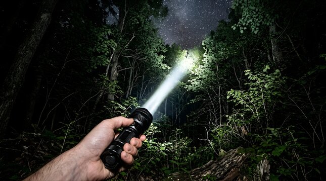 Hand holding a bright flashlight illuminating the dark forest at night