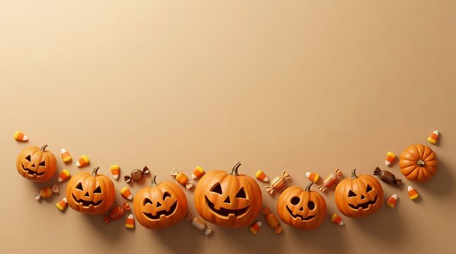 A long line of carved orange pumpkins with glowing faces creates a festive halloween scene on a neutral background