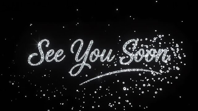 Elegant See You Soon text design with silver glitter particles on a black background.