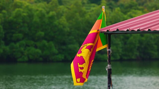 Sri Lanka flag flutters against the backdrop of lake and mangroves in slow motion