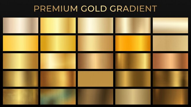 Set of premium gold gradients, metallic textures, and shiny luxury backgrounds for graphic design projects