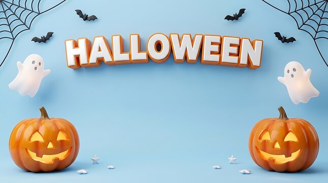 A cheerfully festive halloween scene features illuminated jack o lanterns playful ghosts spooky bats and a delicate spiderweb on a light blue background