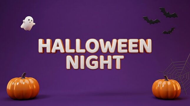 A delightfully spooky halloween night scene features glowing pumpkins a friendly ghost and decorative branches on a dark purple background
