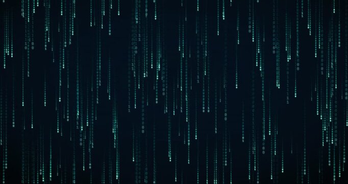 Binary digits cascade down in a teal circuit animation, creating a futuristic code rain effect.