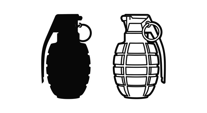 Two hand grenade depictions one as a black silhouette against white background