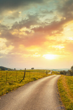 Country road on the mountain on a spring sunny day. Rural landscape. Cantabria, Spain, Europe