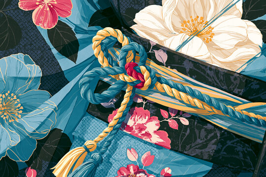 Traditional Japanese Floral Pattern with Kumihimo Ropes and Tassels