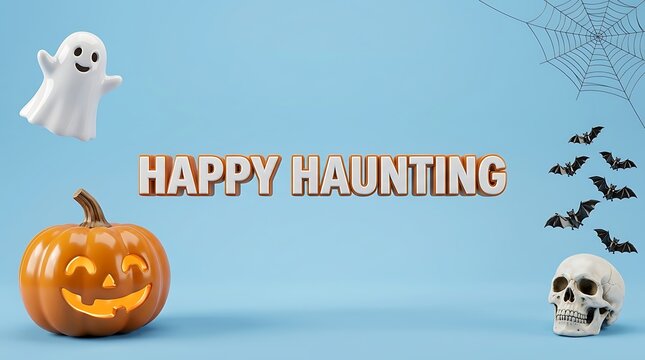 Festive halloween scene with a smiling pumpkin playful ghost and spooky skull decoration on a light blue background