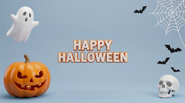 Festive halloween scene with a jack o lantern ghost bats and a spooky message on a light background