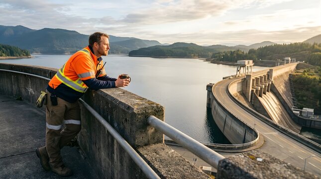 Male engineer holding coffee mug looking over a hydroelectric dam wall