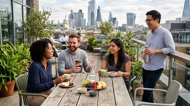 Diverse group of friends enjoying a rooftop brunch with city skyline view