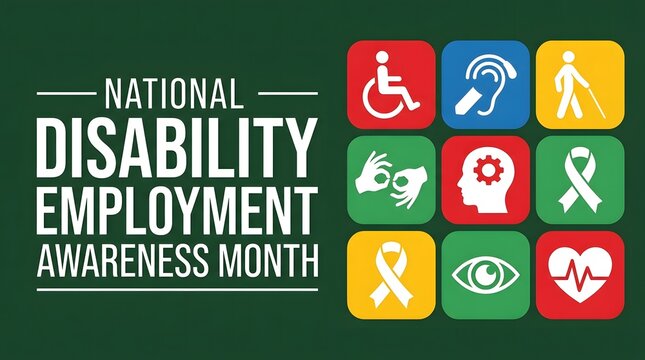 National disability employment awareness month illustration with icons representing inclusivity and support for people with disabilities in the workplace