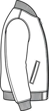 Side view template of a classic bomber varsity jacket outline drawing for fashion tech pack apparel design
