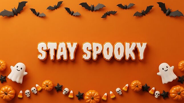 Festive halloween flat lay with the phrase stay spooky surrounded by pumpkins bats and adorable ghost figures