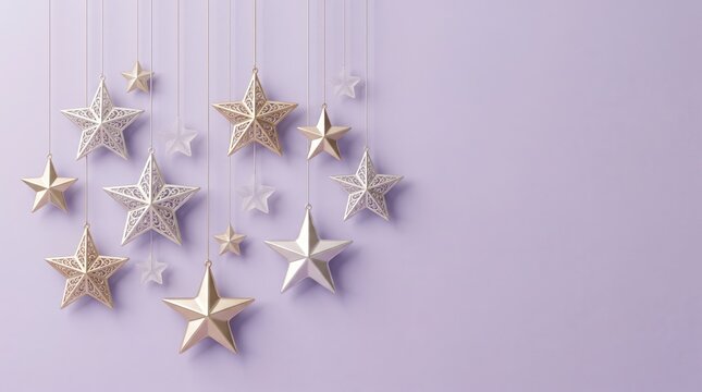 Elegant gold and white stars hanging on purple background for Christmas
