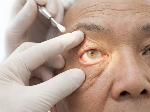 Senior man undergoing medical eye examination by specialist