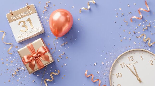New Year's Eve celebration with clock, gift, and decorations