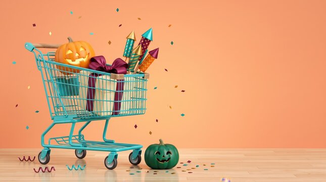 Halloween shopping cart with jack o lanterns and party supplies