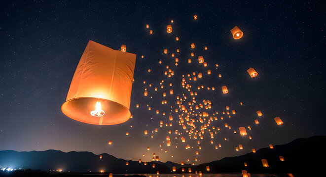 A stunning night sky illuminated by the warm glow of floating lanterns during mid autumn festival