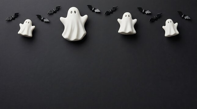 A delightfully spooky halloween scene features small white ghost figures and dark black bats arranged on a shadowy textured surface