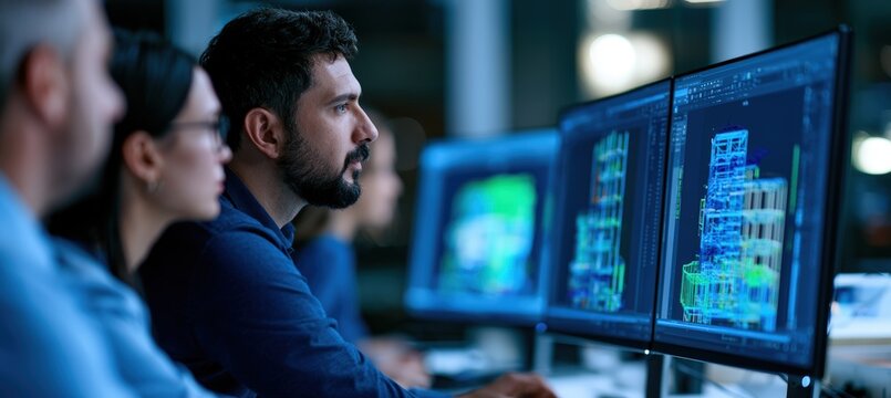 Architects and engineers coordinating BIM models in modern office