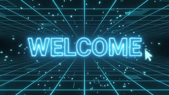 Neon blue welcome sign glowing on a digital grid background with a cursor.