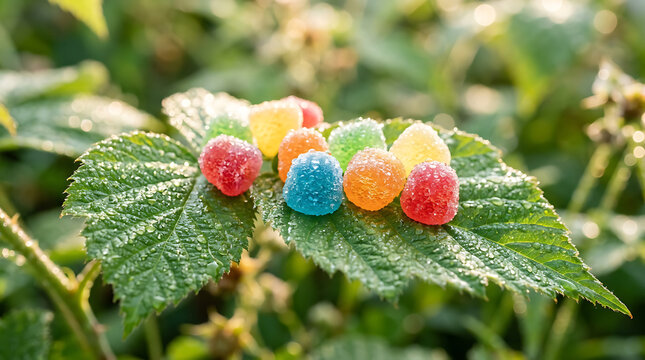Assortment of colorful gumdrop candies resting on a textured green leaf with morning dew.