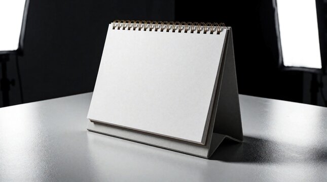 Blank desktop calendar with spiral binding sits on a plain gray table. Thick paper pages offer ample space for notes and planning important dates or tasks.