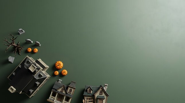 A festive halloween flat lay composition featuring miniature spooky houses and decorative pumpkins arranged on a dark green background with copy space