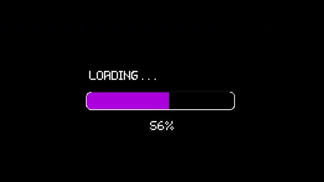 Retro pixel 8 bit loading bar progress animation on black screen