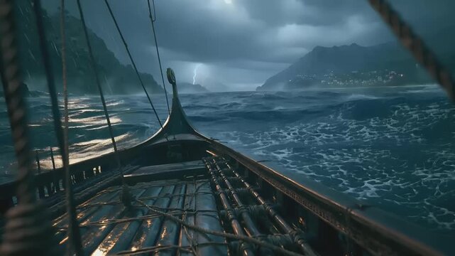 Europe medieval lifestyle. A dramatic, atmospheric portrayal of a shipwrecked vessel navigating turbulent waters. The ships bow is dominated by ropes and rigging, and a large.