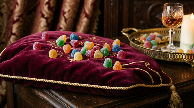 Vibrant Assorted Gumdrops Scattered on a Rich Red Velvet Cushion