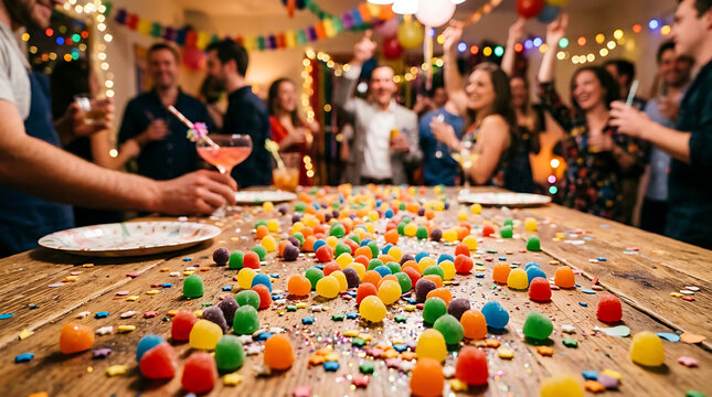 Vibrant gumdrops and confetti scattered across a wooden table at a lively party celebration with people in the background