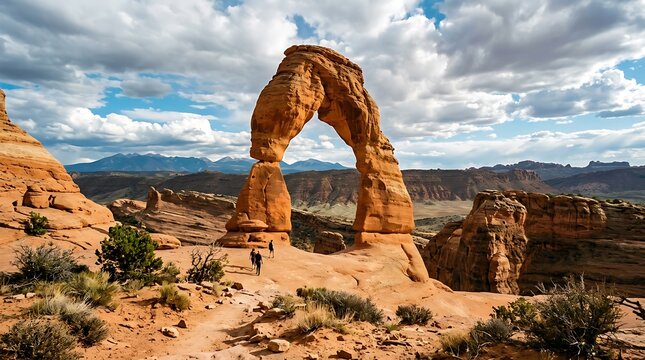 Delicate Arch landscape in desert with tourists and clouds, sandstone rock formation travel photo, outdoor adventure scene