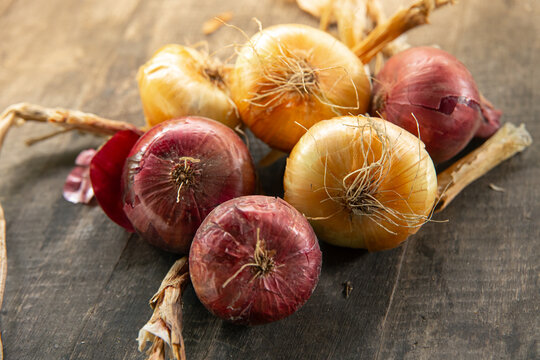 Fresh red and yellow onions placed on rustic wooden background, organic agriculture and culinary harvest concept