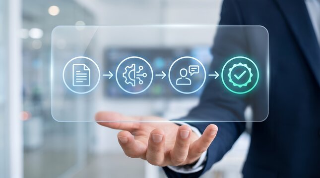 Business process flowchart on futuristic transparent screen
