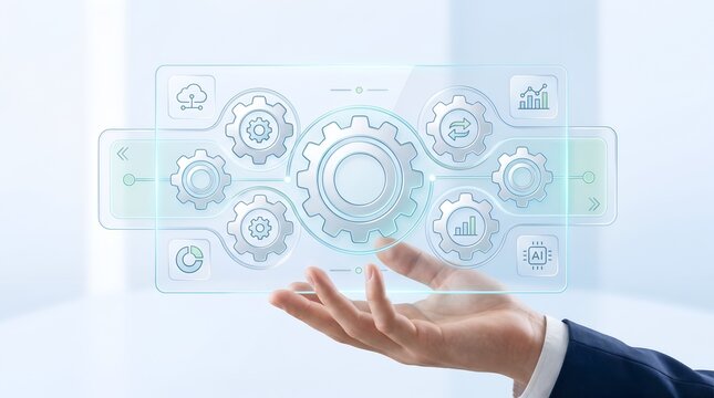 Hand holding futuristic interface with gears and AI icon