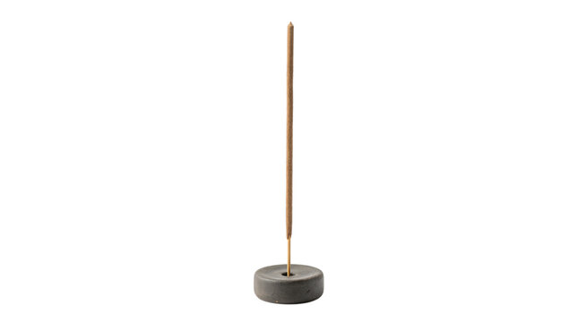 Incense stick and holder. Brown aromatic joss stick inserted into a dark round concrete base. Minimalist meditation accessory isolated on a white background for holistic wellness projects